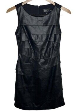 Vakko Sport Black Vegan Leather Tiered Mini Dress Women Size XS